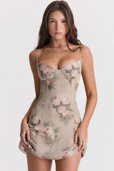 Glamouröses bedrucktes Chiffon-Minikleid mit Herzausschnitt - Blumenmuster